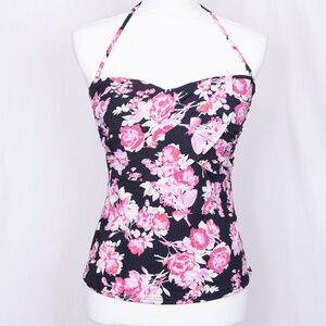 Retro Style Pink & White Floral Print On Black Fit & Flare Halter Tankini in EUC